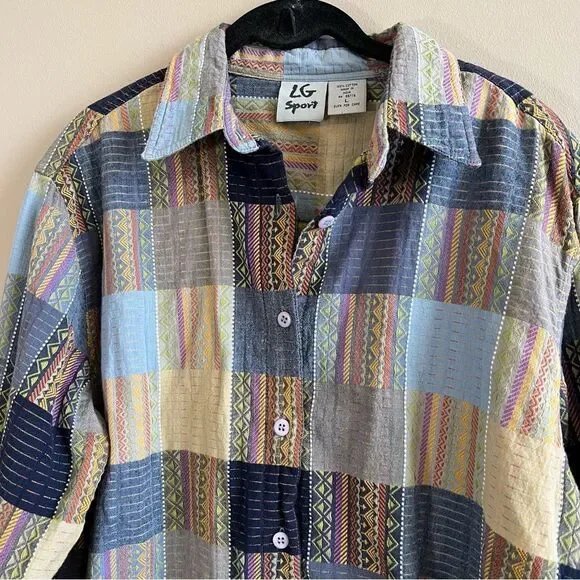 ✨ Vintage LG Sport Multicolor Patchwork Long Sleeve Button Down Shirt Large - Picture 2 of 9